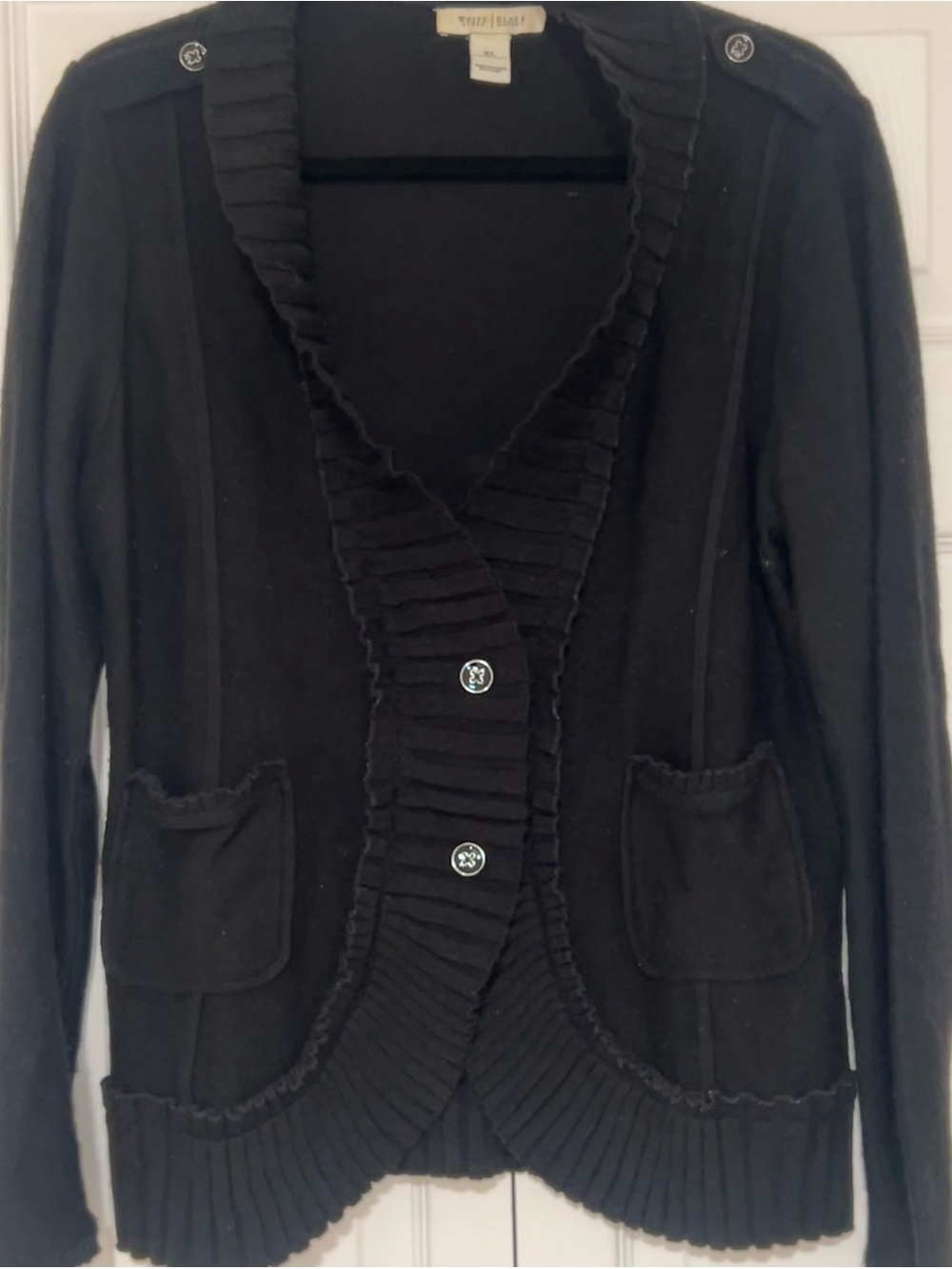 Max Studio Black Ruffle-Edge Button Cardigan